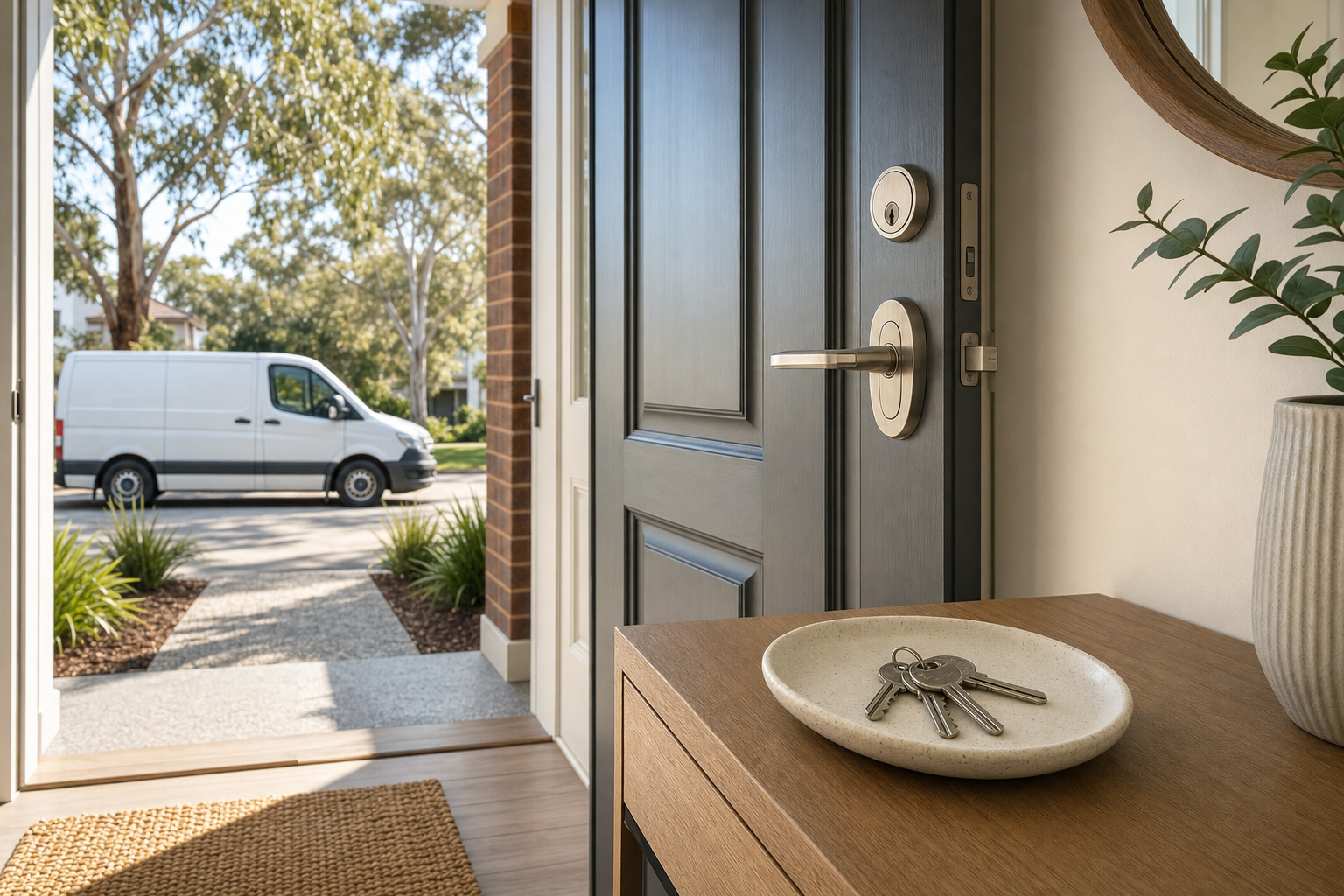 An open front door reveals a white van parked outside, with a bowl of keys on a table inside.