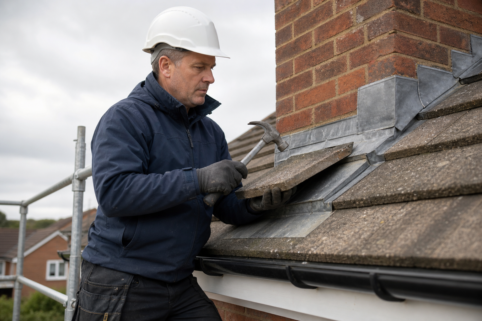 Roofer in a hard hat repairing tiles near a chimney on a residential building.