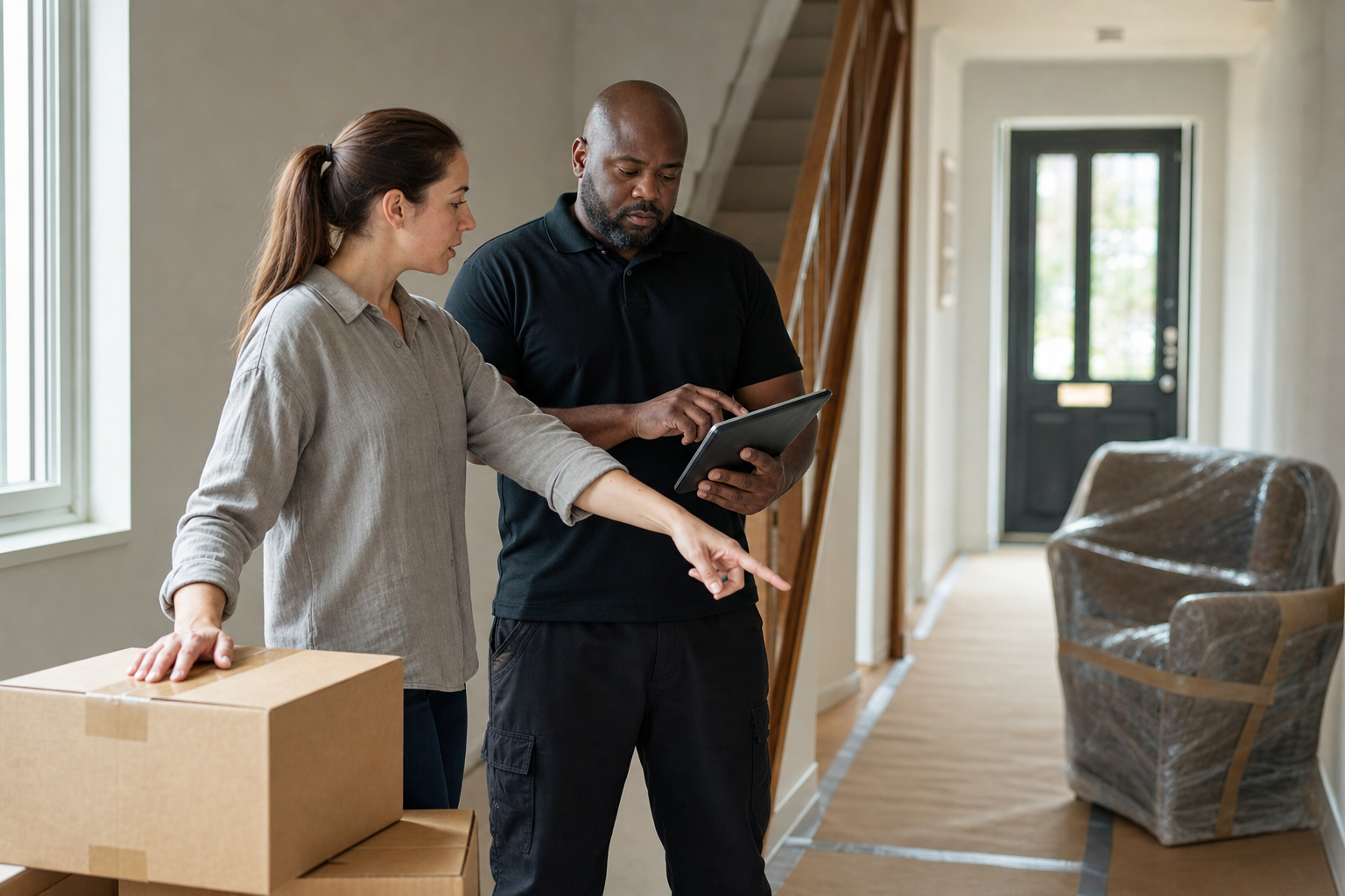 Two people discuss plans while unpacking boxes in a hallway, with a tablet and wrapped furniture nearby.