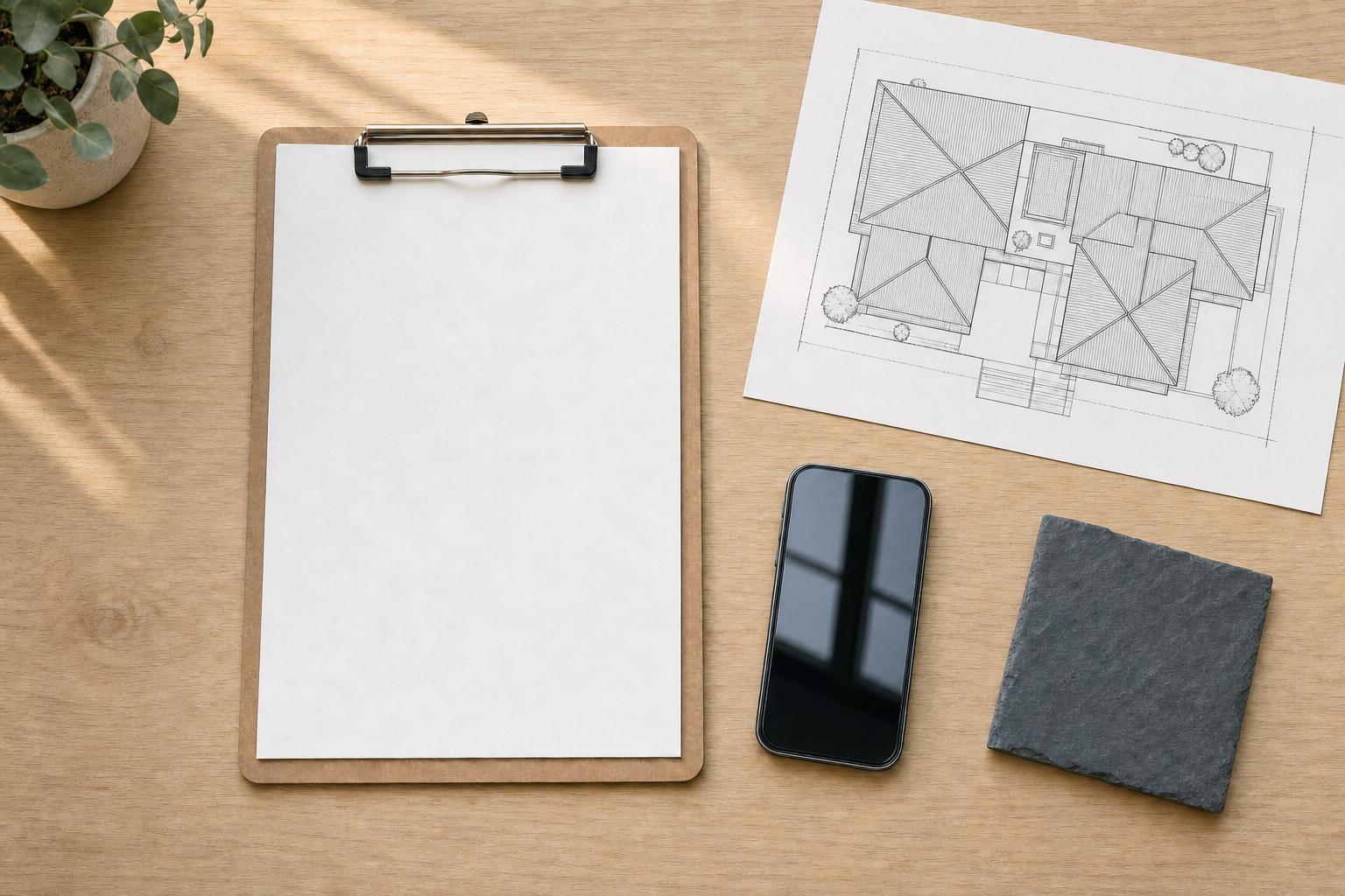Architectural drawing next to a clipboard, smartphone, slate tile, and potted plant on a wooden desk.