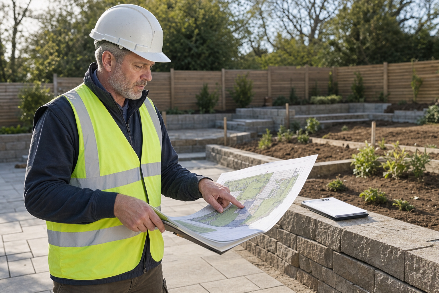 A construction worker in a high-visibility vest and hard hat examines blueprints at an outdoor site.
