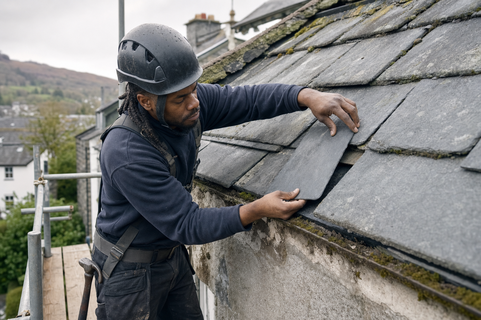 A builder wearing a helmet carefully replaces a slate tile on a rooftop scaffold.