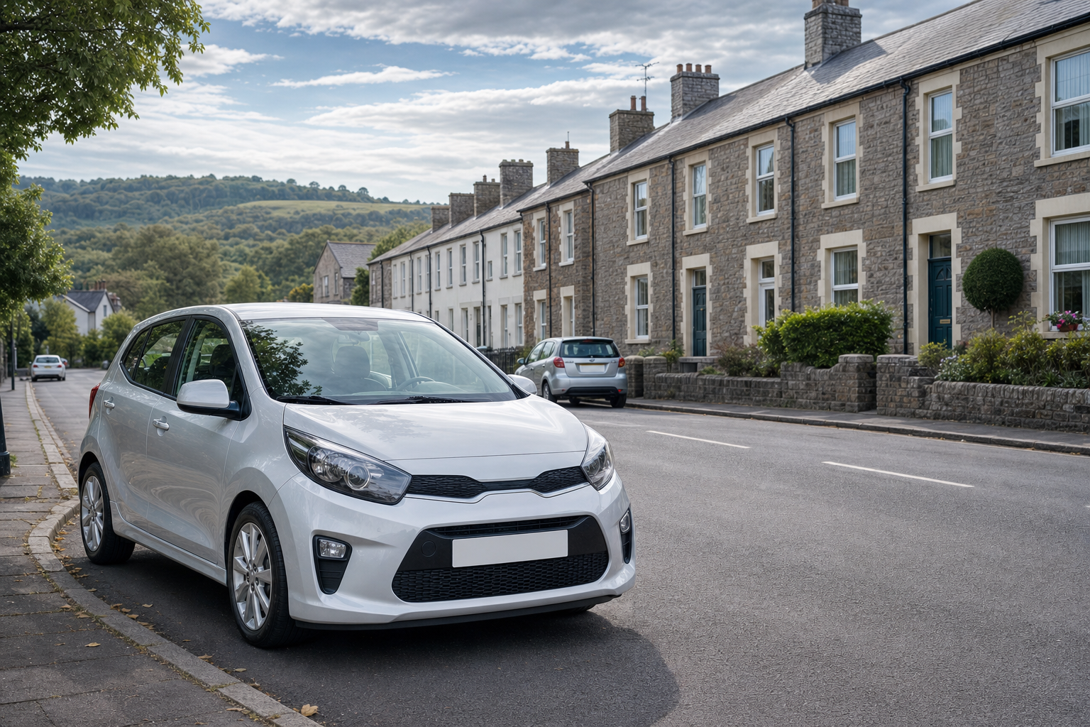 White car parked on a quiet residential street with terraced houses and scenic hills in the background.