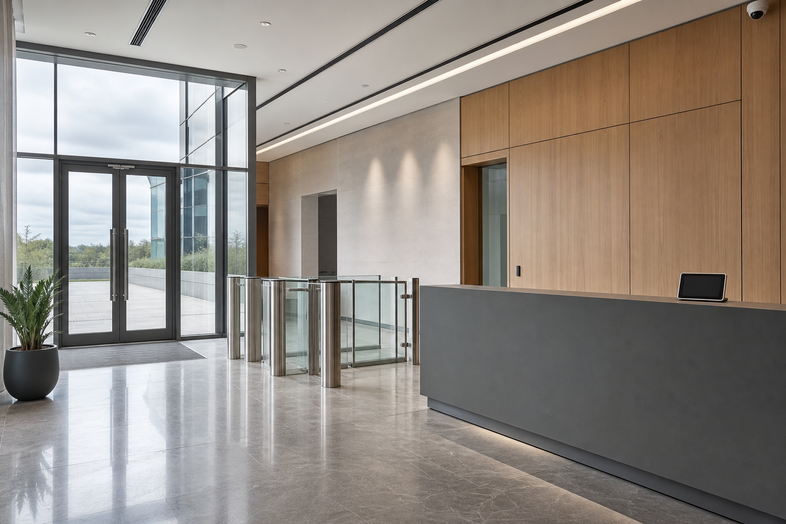 Modern office reception area with wooden panelling, a sleek desk, glass doors, and a potted plant by the entrance.