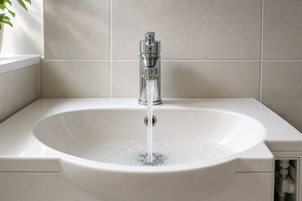 Water flowing from a modern chrome tap into a white porcelain basin in a tiled bathroom.