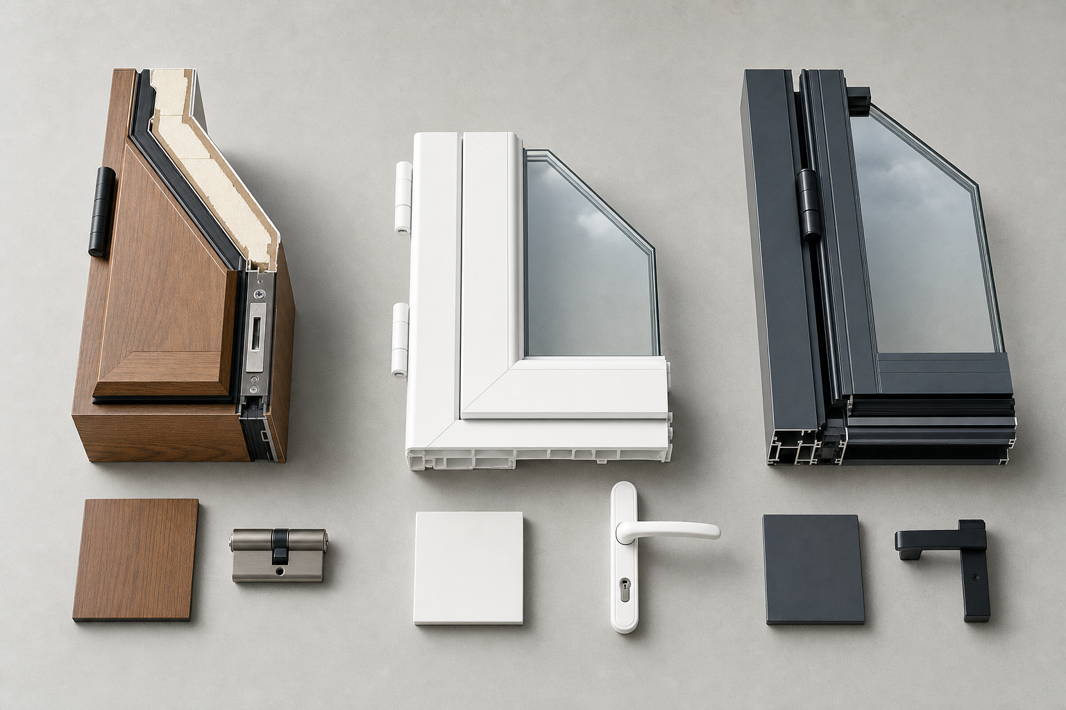 Three window frame cross-sections in wood, white, and black, each with corresponding hinges and handles.