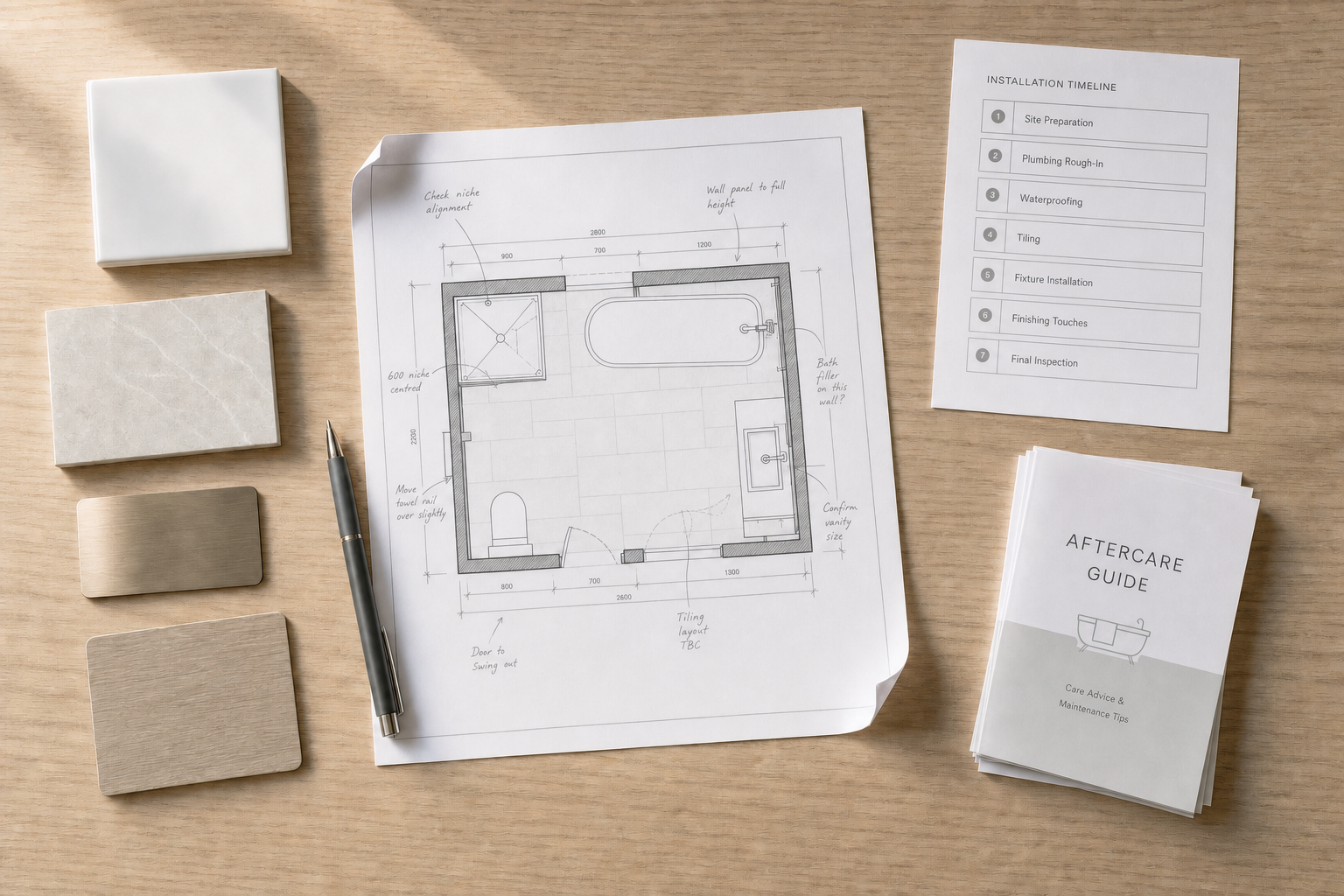 Bathroom floor plan with material samples, a pen, installation timeline, and an aftercare guide arranged on a wooden surface.