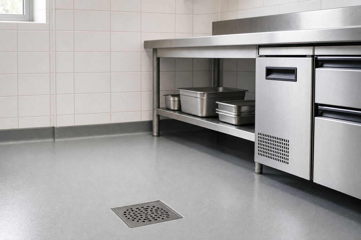 Commercial kitchen with stainless steel counter, drawers, metal containers, and a floor drain.