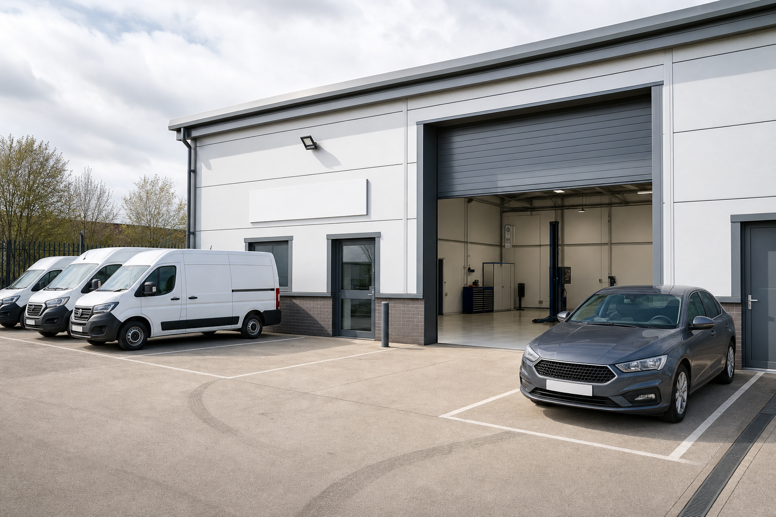 A row of white vans and a grey car parked outside a modern industrial garage.