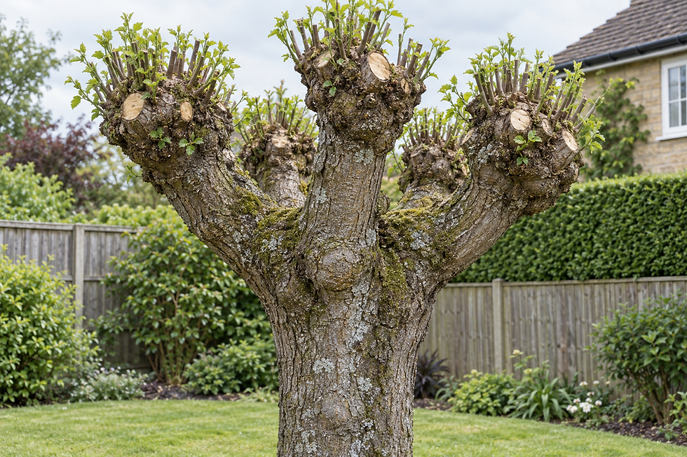 A freshly pruned tree with new sprouts in a garden setting.