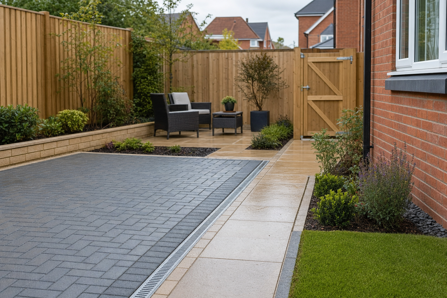 Modern garden patio with grey paving, wicker furniture, and potted plants enclosed by a wooden fence.