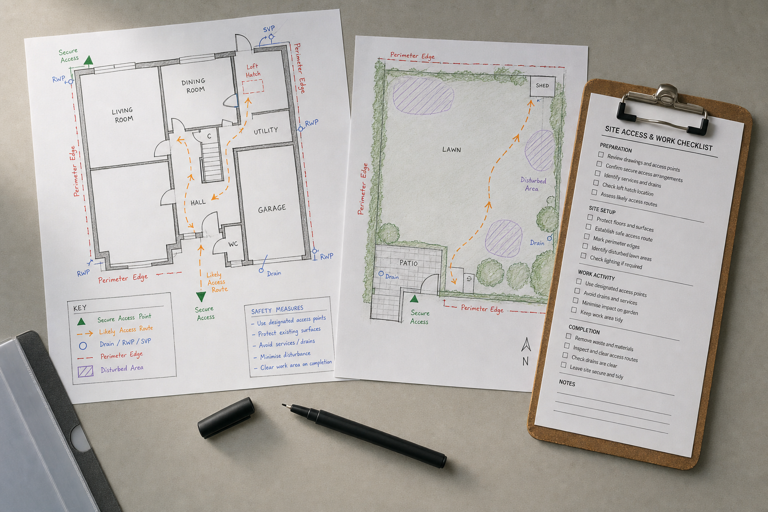 Architectural floor plan and garden layout with site access checklist on clipboard, accompanied by pen and binder.