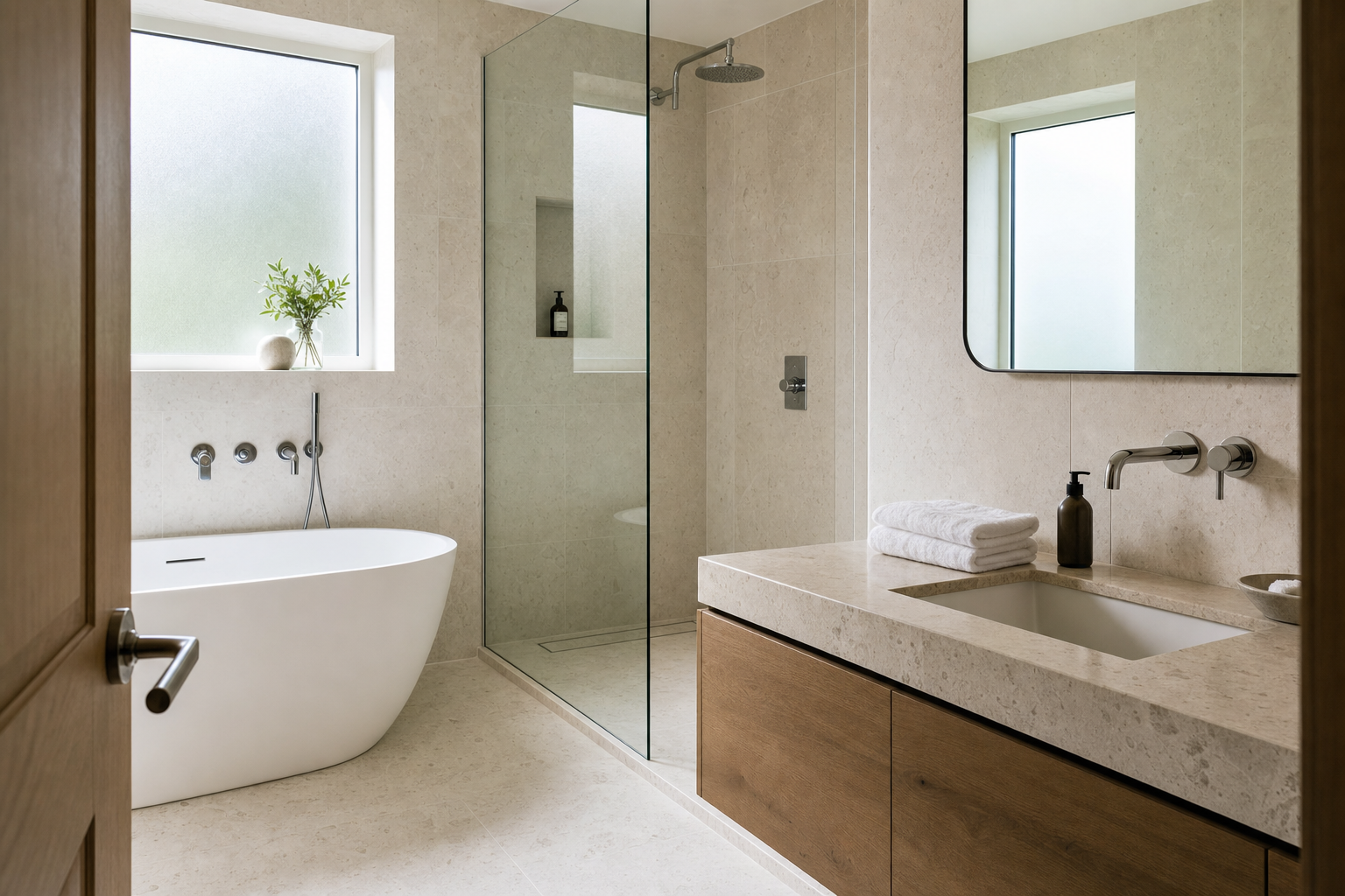 Modern bathroom with freestanding bath, glass shower, and vanity with wood and stone finishes, featuring minimal decor.