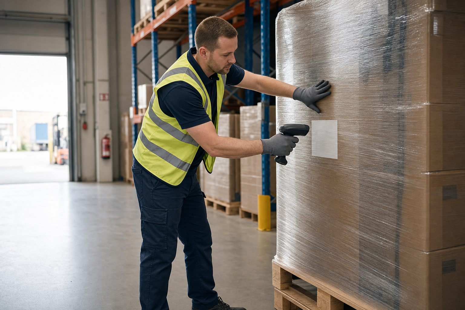 Warehouse worker in high-visibility vest scanning a barcode on a pallet with a handheld device.