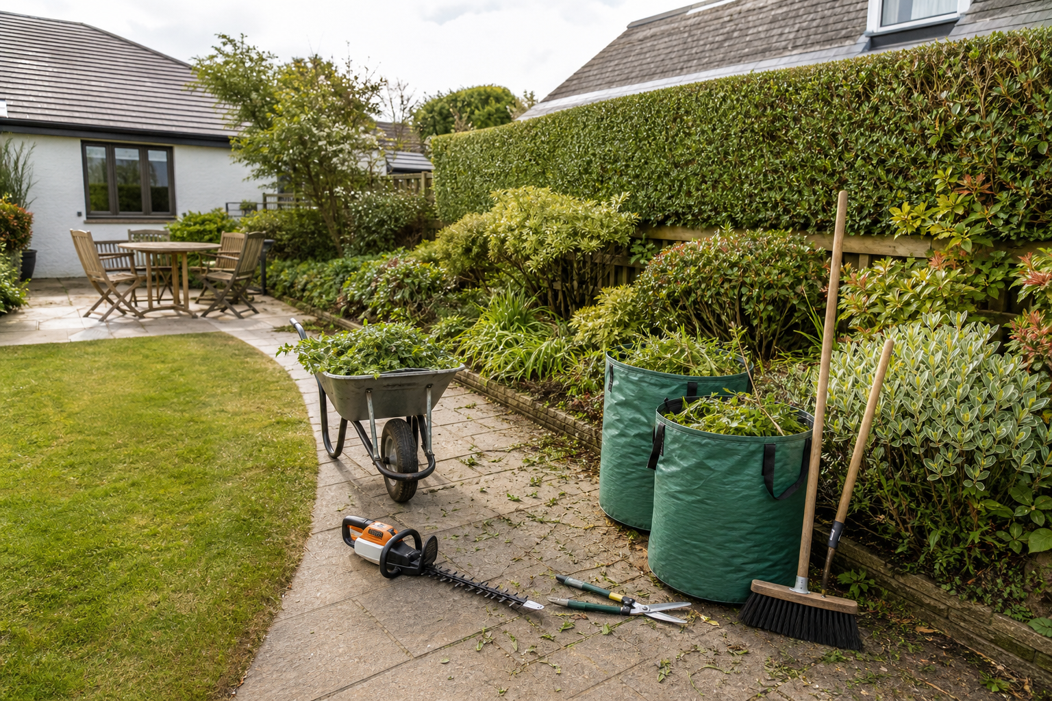 Garden with trimmed hedges, tools, and a wheelbarrow on a patio next to a table and chairs.