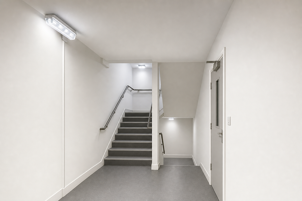 Modern indoor staircase with grey steps, metal handrails, and bright lighting, adjacent to a closed white door.