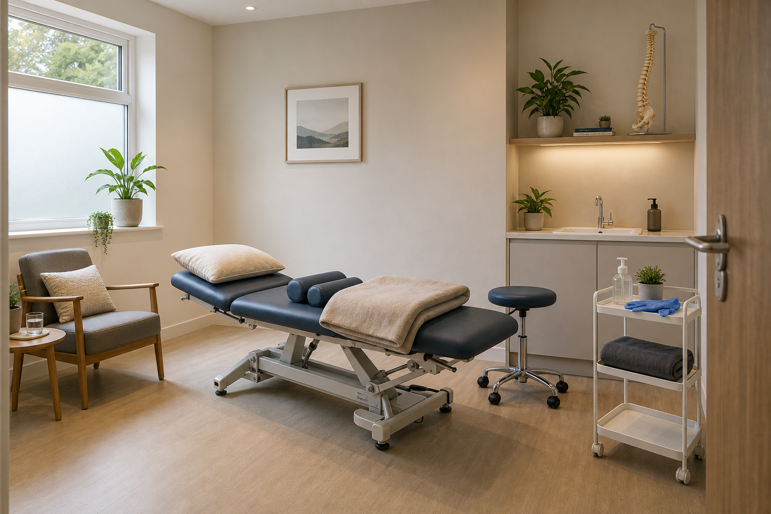 A modern therapy room featuring a treatment table, comfortable chair, sink, plants, spine model, and a window with natural light.
