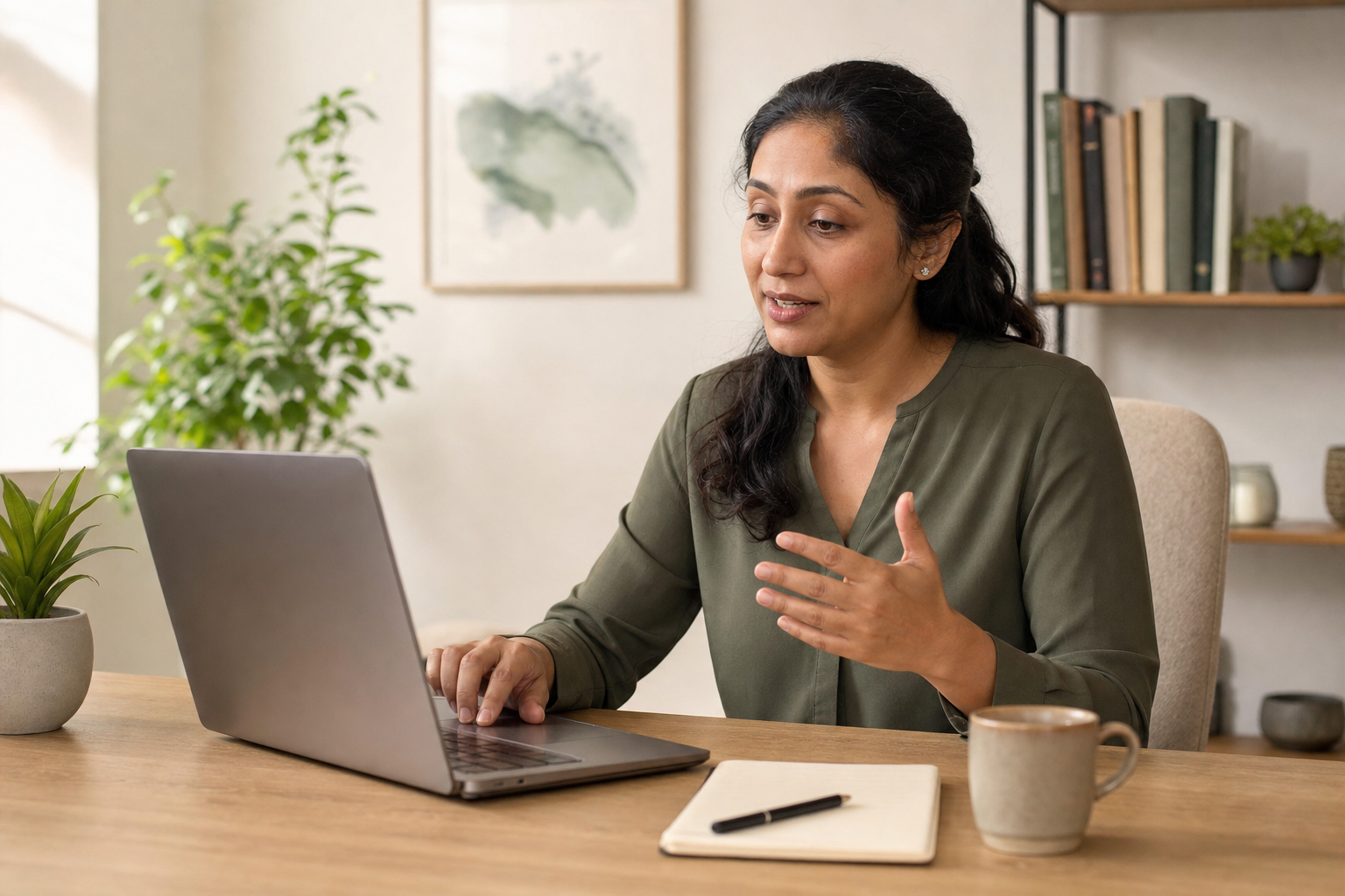 Woman in a green blouse having a video call on a laptop at a desk with a notebook and mug.
