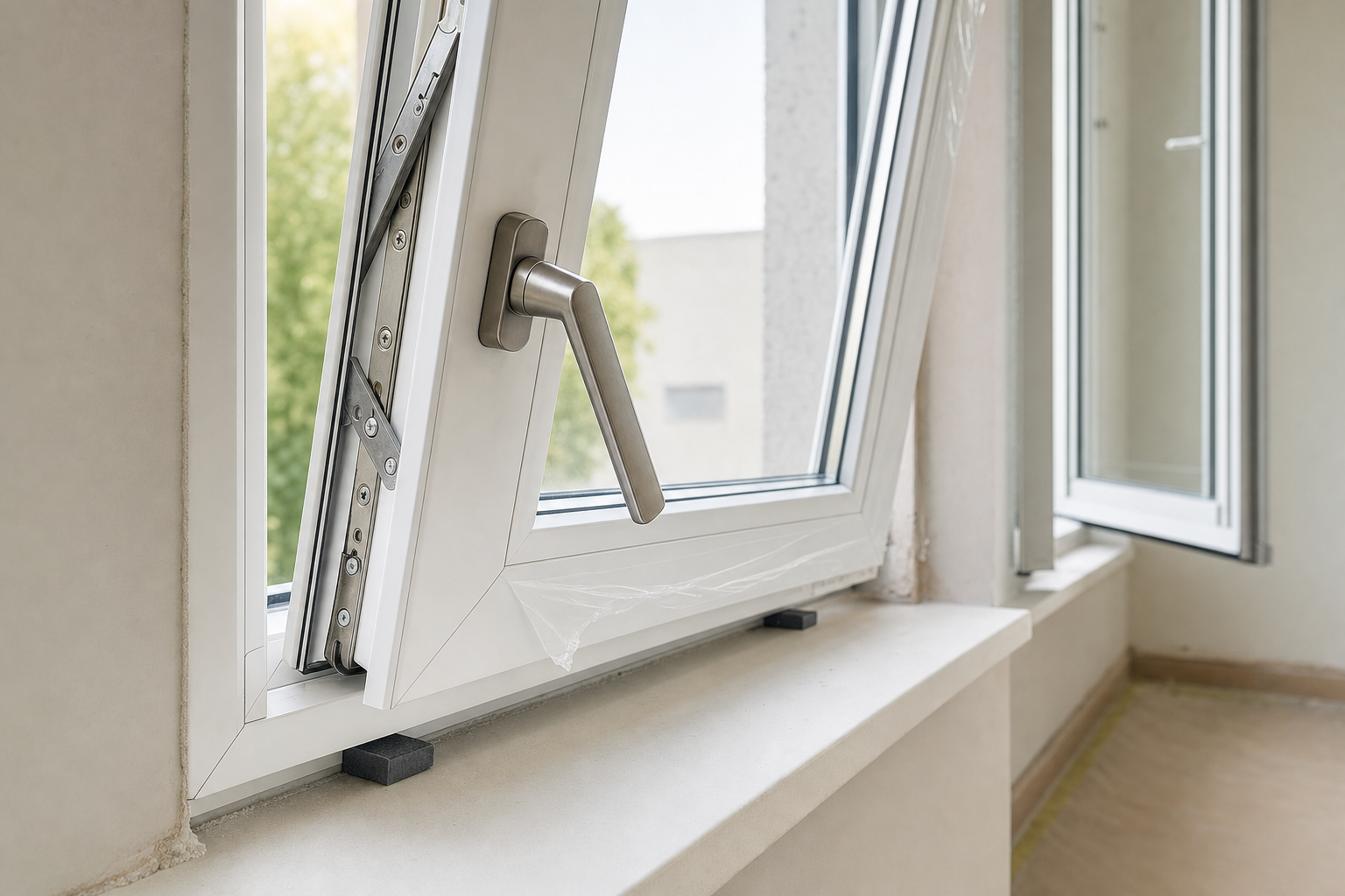 A tilted white window with a metal handle is partially open, offering a view of the blurred greenery outside.
