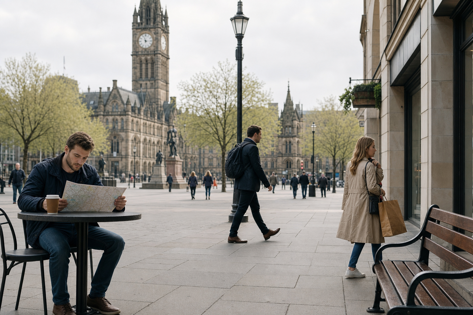 A man with a coffee cup reads a map at an outdoor table near a historic clock tower while people walk by.