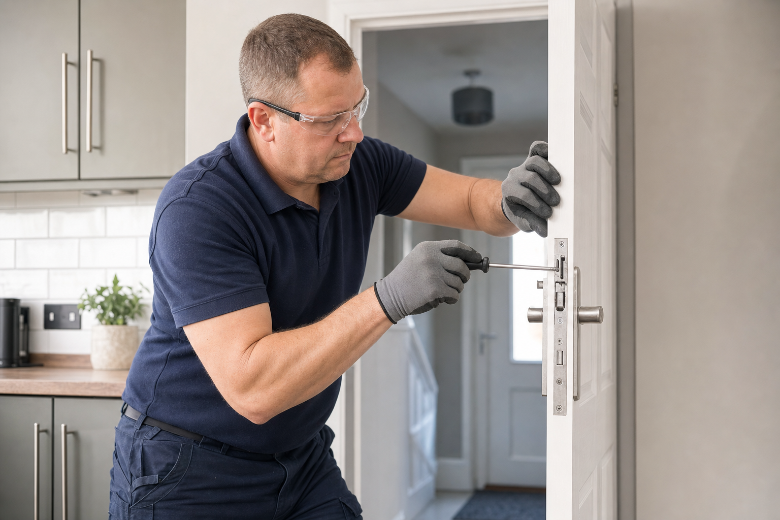 A man wearing gloves and safety glasses uses a screwdriver to repair a door lock in a modern kitchen.
