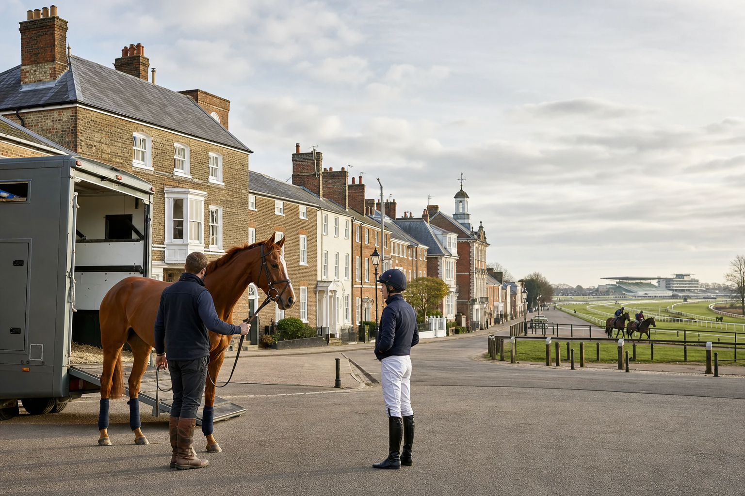 A jockey and handler with a horse beside a parked horsebox on a street near a racecourse on a cloudy day.