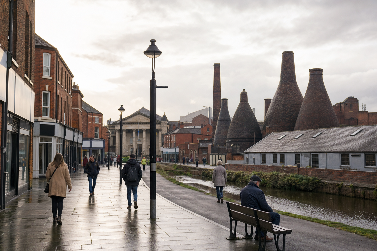 People walk along a canal with historic pottery kilns and buildings in an urban setting.