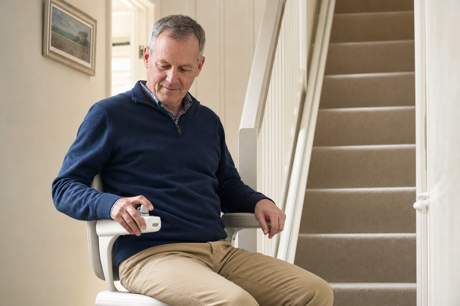 A person sits on a stairlift, holding the control, beside a carpeted staircase in a well-lit home.