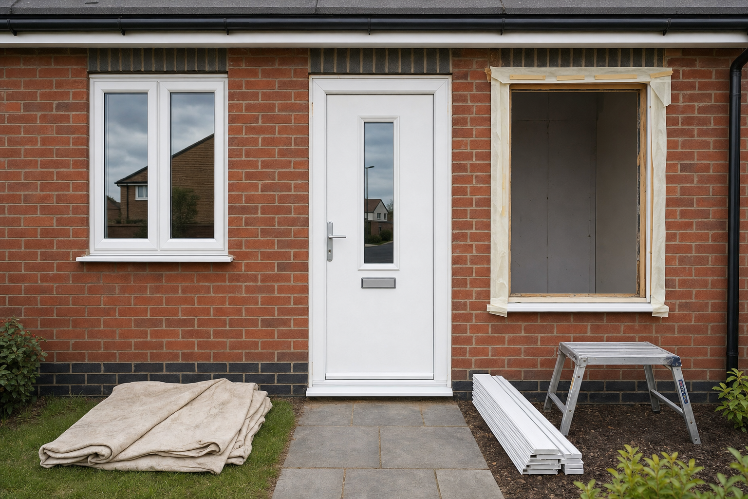 Red brick house with a white front door, a window being installed, and tools on the ground outside.