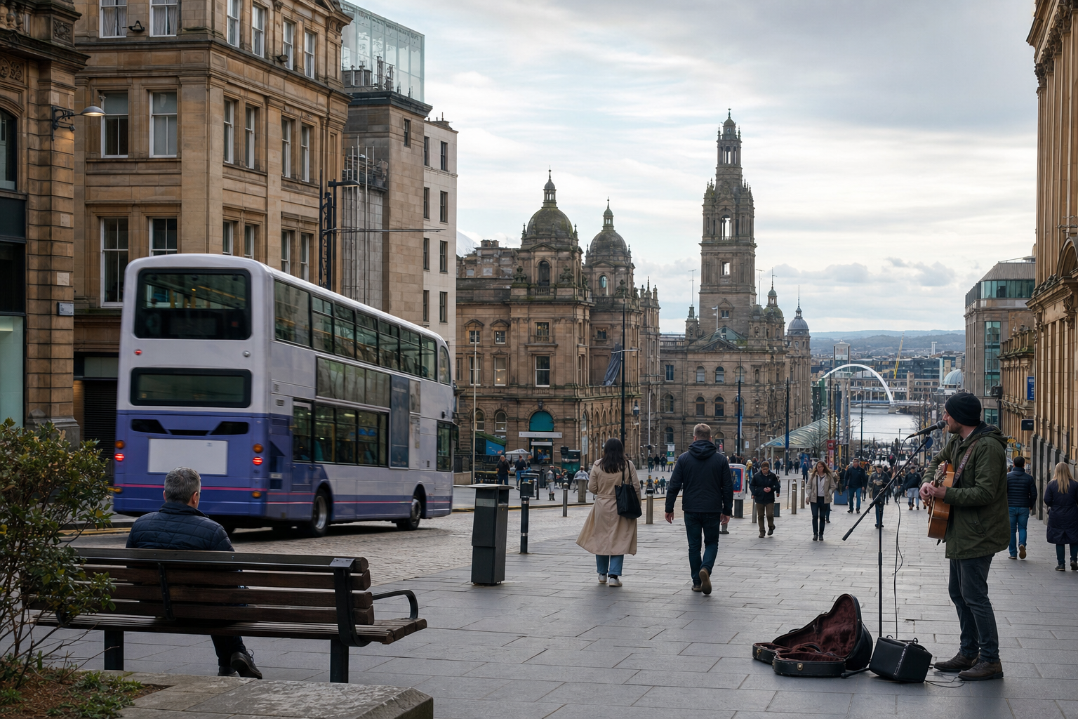 A street musician plays guitar as people walk by and a double-decker bus passes in a bustling urban setting.
