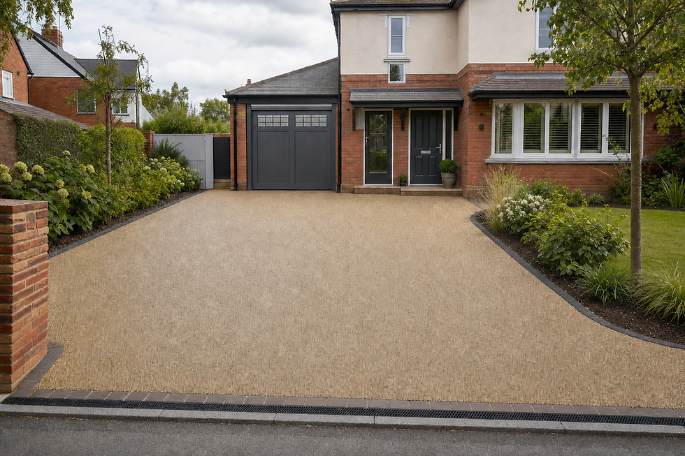 Modern suburban house with a large, clean driveway and landscaped garden.