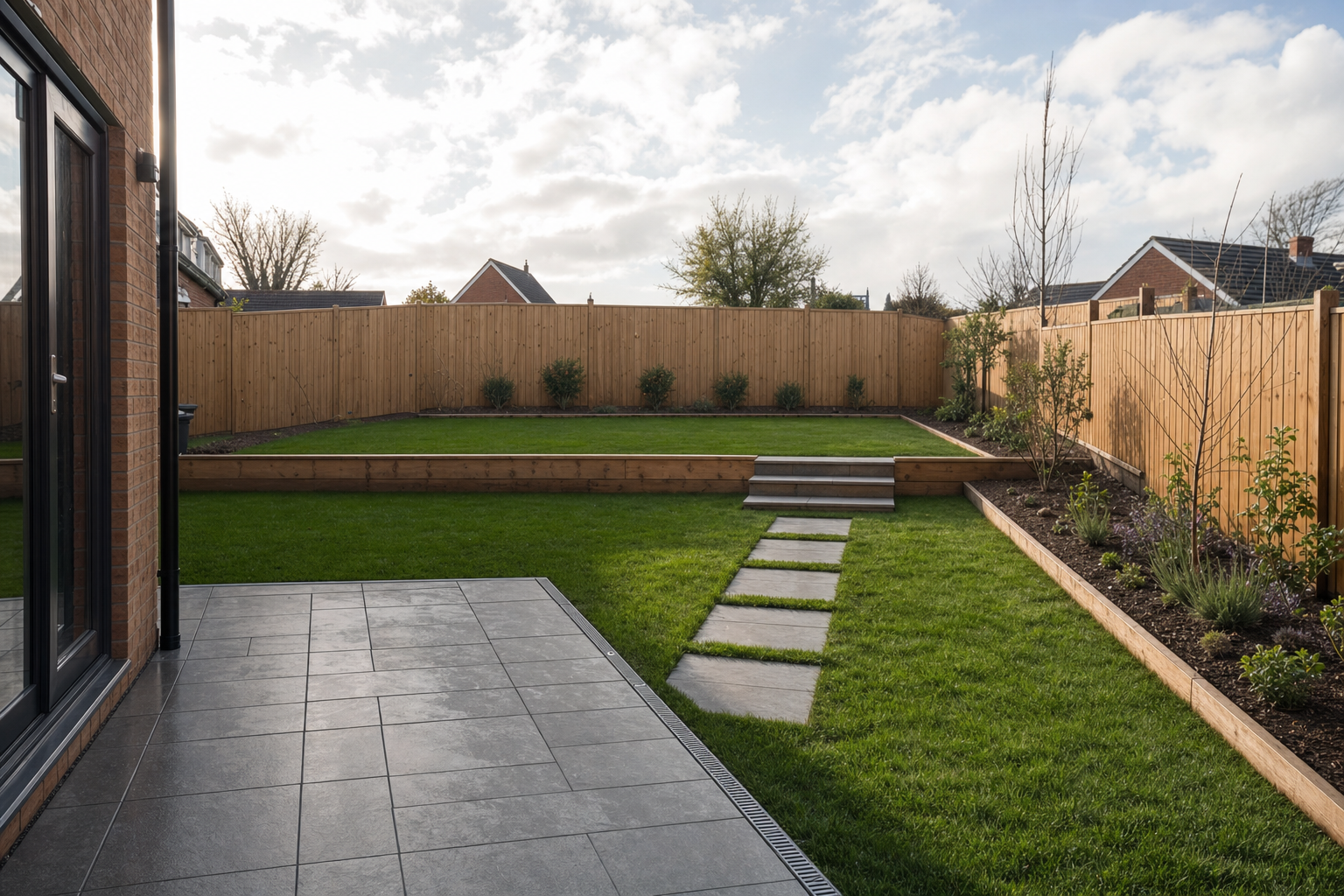 A modern garden with a tiled patio, stepping stones, and a wooden fence under a partly cloudy sky.