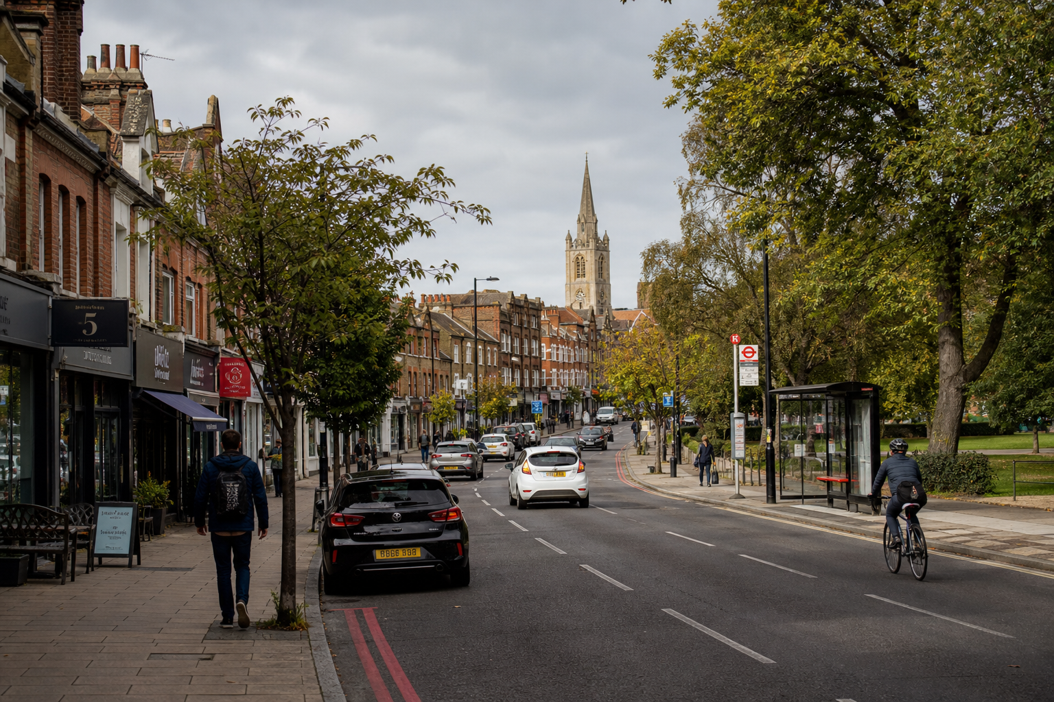 Street scene with people walking and cycling beside a row of shops and parked cars, with a church spire in the distance.