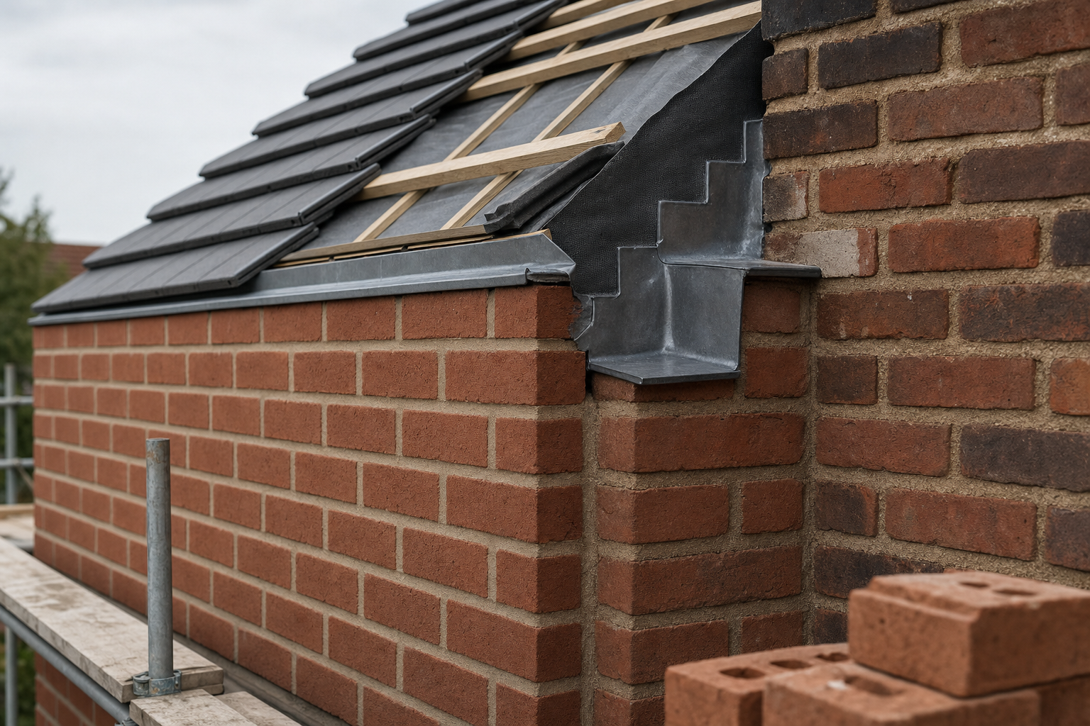 A brick wall with exposed roofing structure and scaffolding, showing newly installed tiles and lead flashing.
