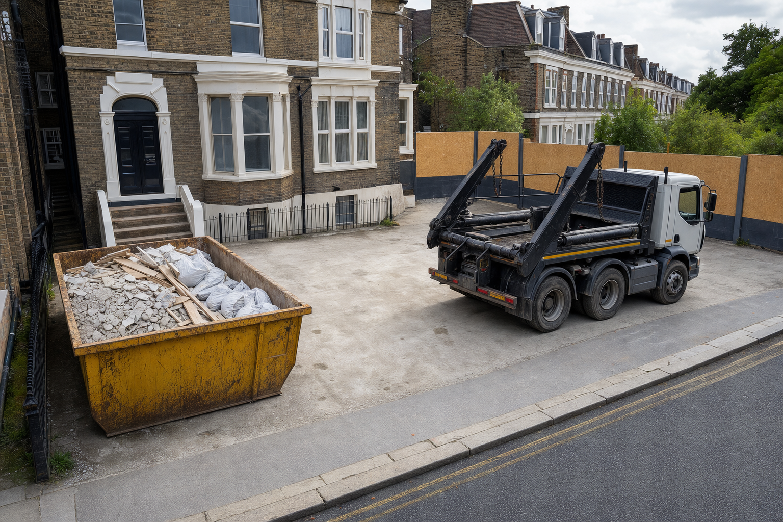A skip lorry parked next to a yellow skip filled with rubble and bags in front of a row of brick terraced houses.