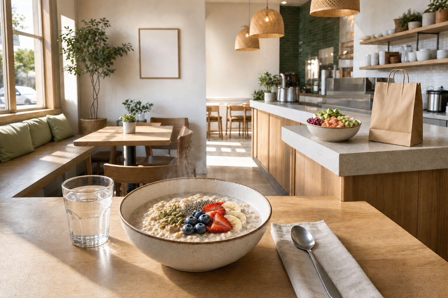 A bowl of porridge topped with fruit and seeds sits on a table in a sunlit, modern café setting.