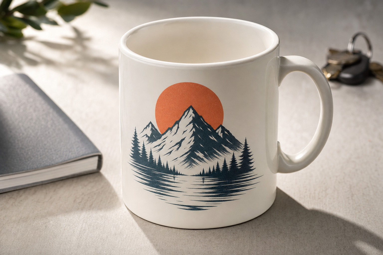 A ceramic mug featuring a mountain scene with a red sun is placed on a table near a notebook and keys.