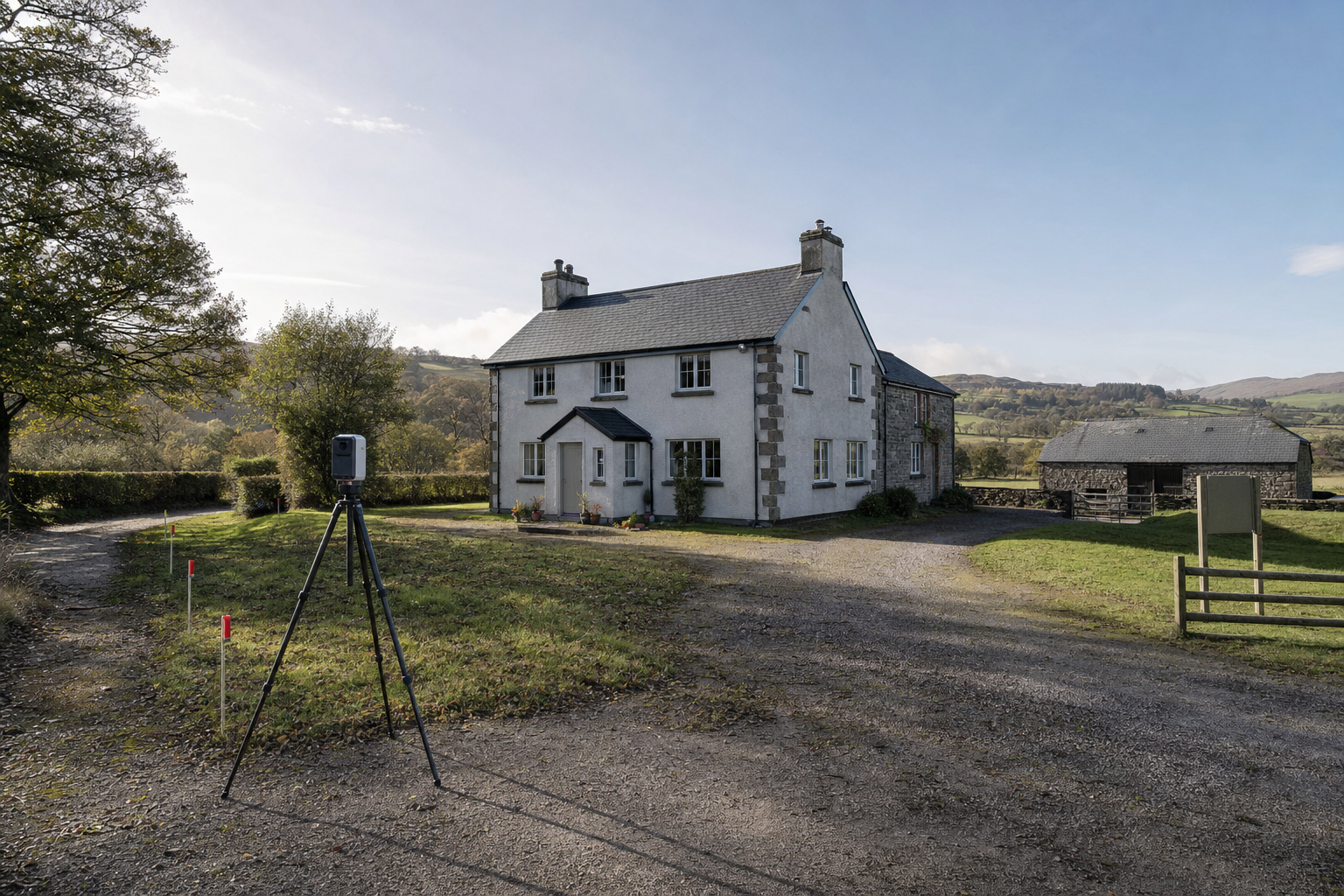 A tripod stands in front of a countryside house surrounded by greenery and hills.
