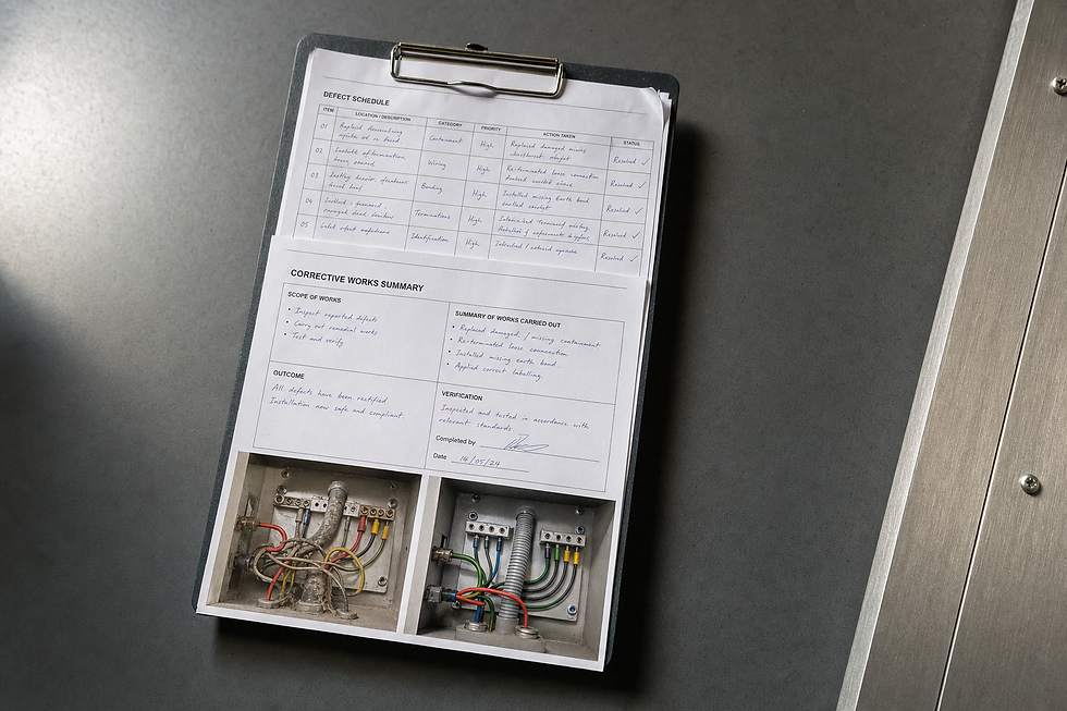 Clipboard displaying a defect schedule and corrective works summary with images of wiring inspections.