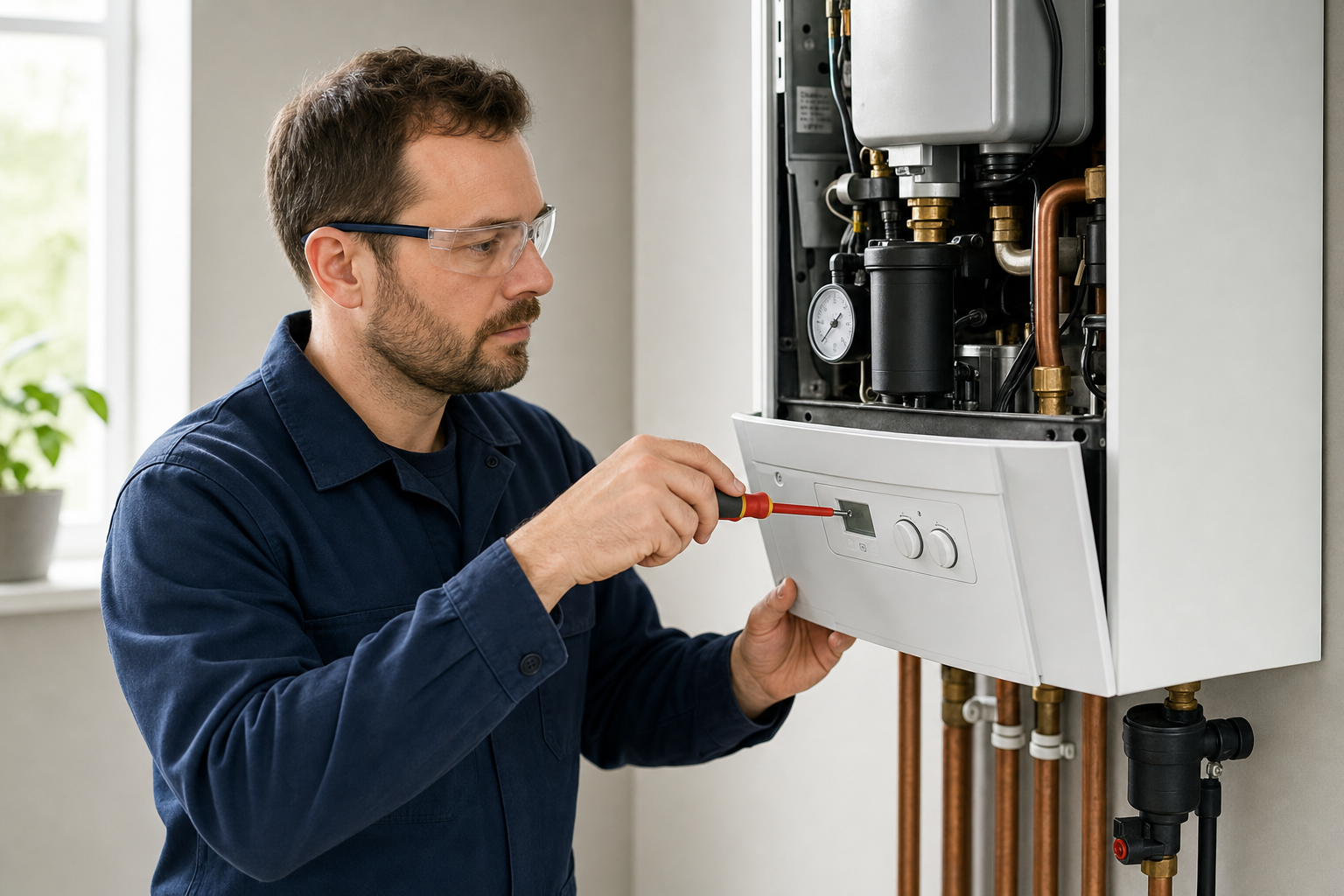 Technician adjusting a boiler with a screwdriver, wearing safety glasses and a blue work overall.