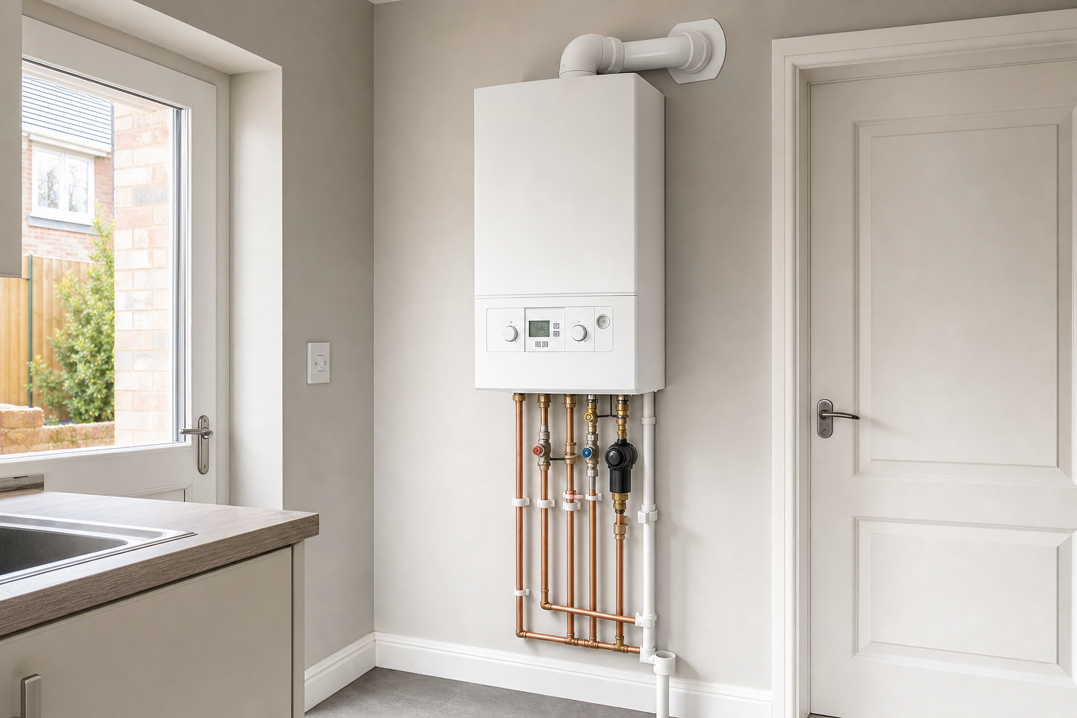 A modern white boiler with copper piping installed on a kitchen wall near a door and window.