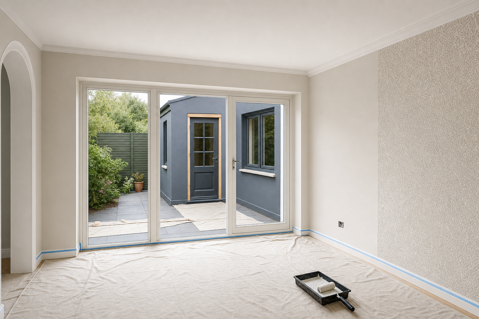 A freshly painted room with drop cloths and a paint roller overlooks a garden through large glass doors.