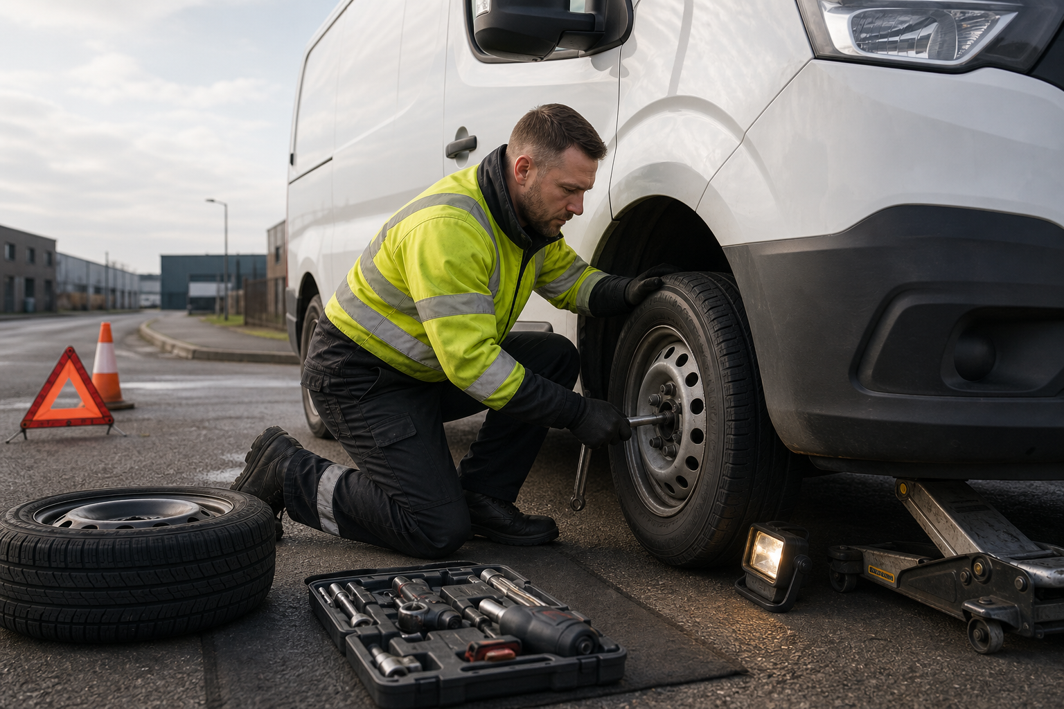 A man in a yellow jacket changes a van tyre using tools on a street.