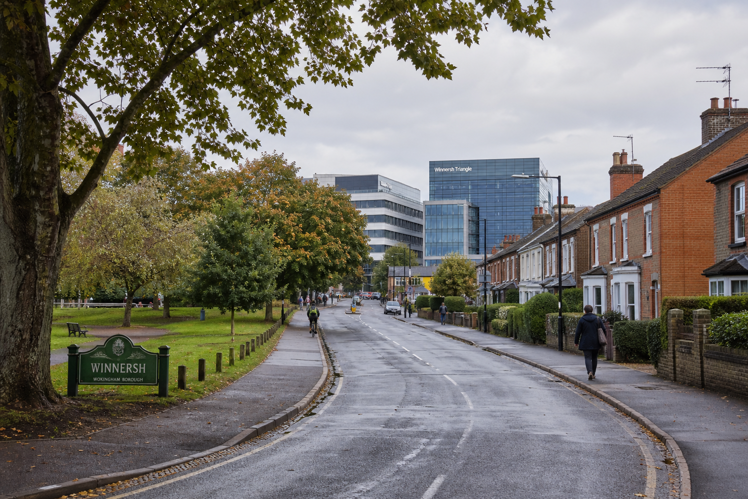 Street view of a quiet neighborhood with trees, houses, and a modern building under a cloudy sky.