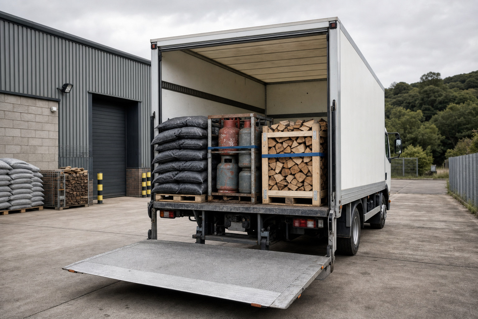 Lorry with open back door loaded with sacks, gas cylinders, and firewood at a warehouse.