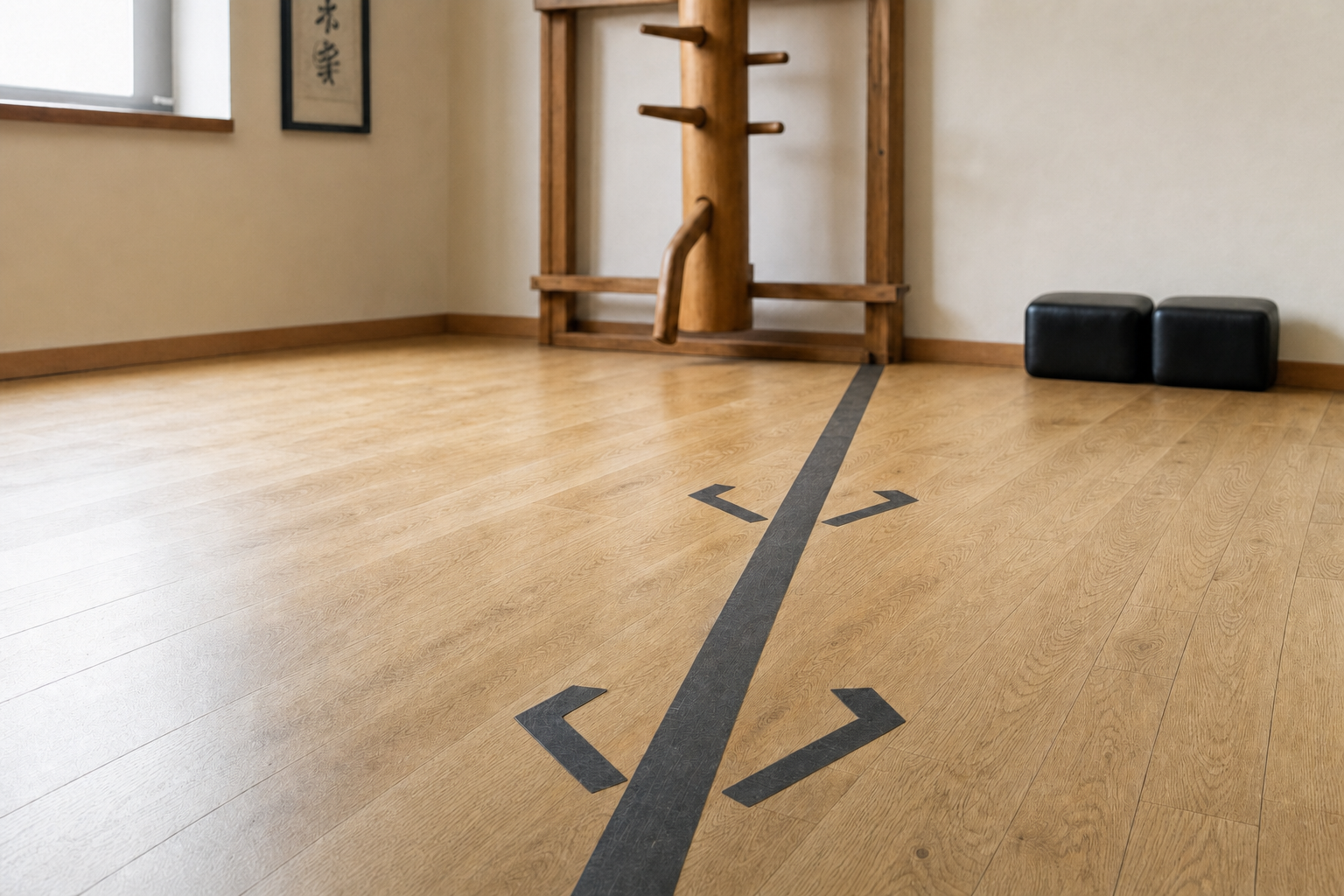 Wooden martial arts dummy and instructional line markings on a polished training room floor.