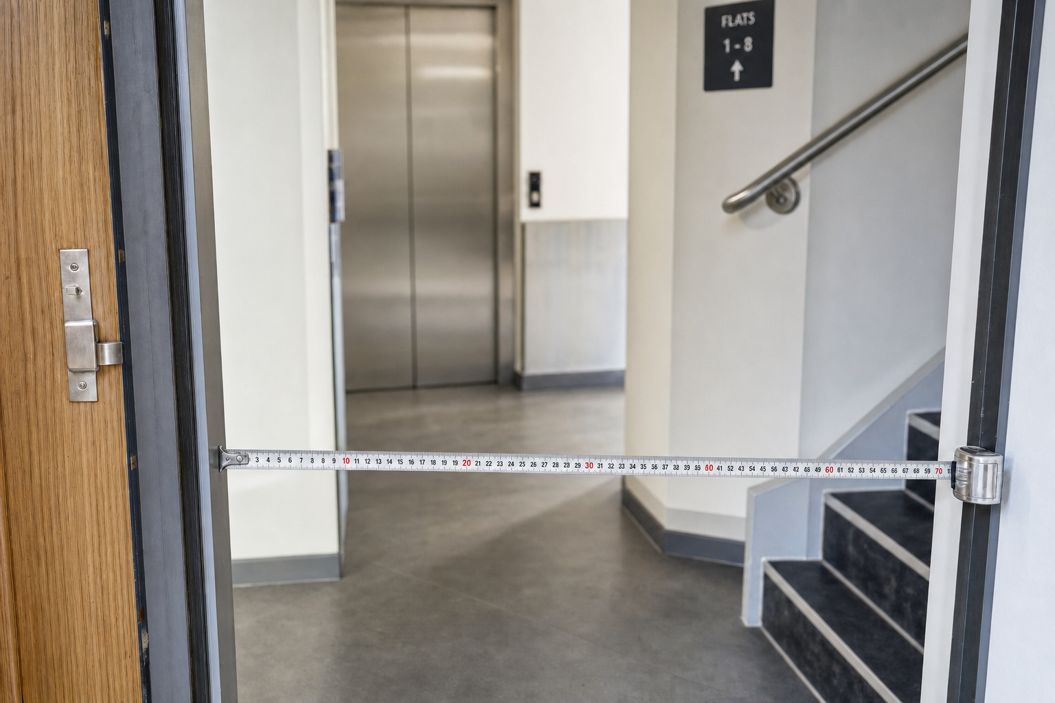 A measuring tape stretches across a doorframe in a building lobby with a lift and stairs.