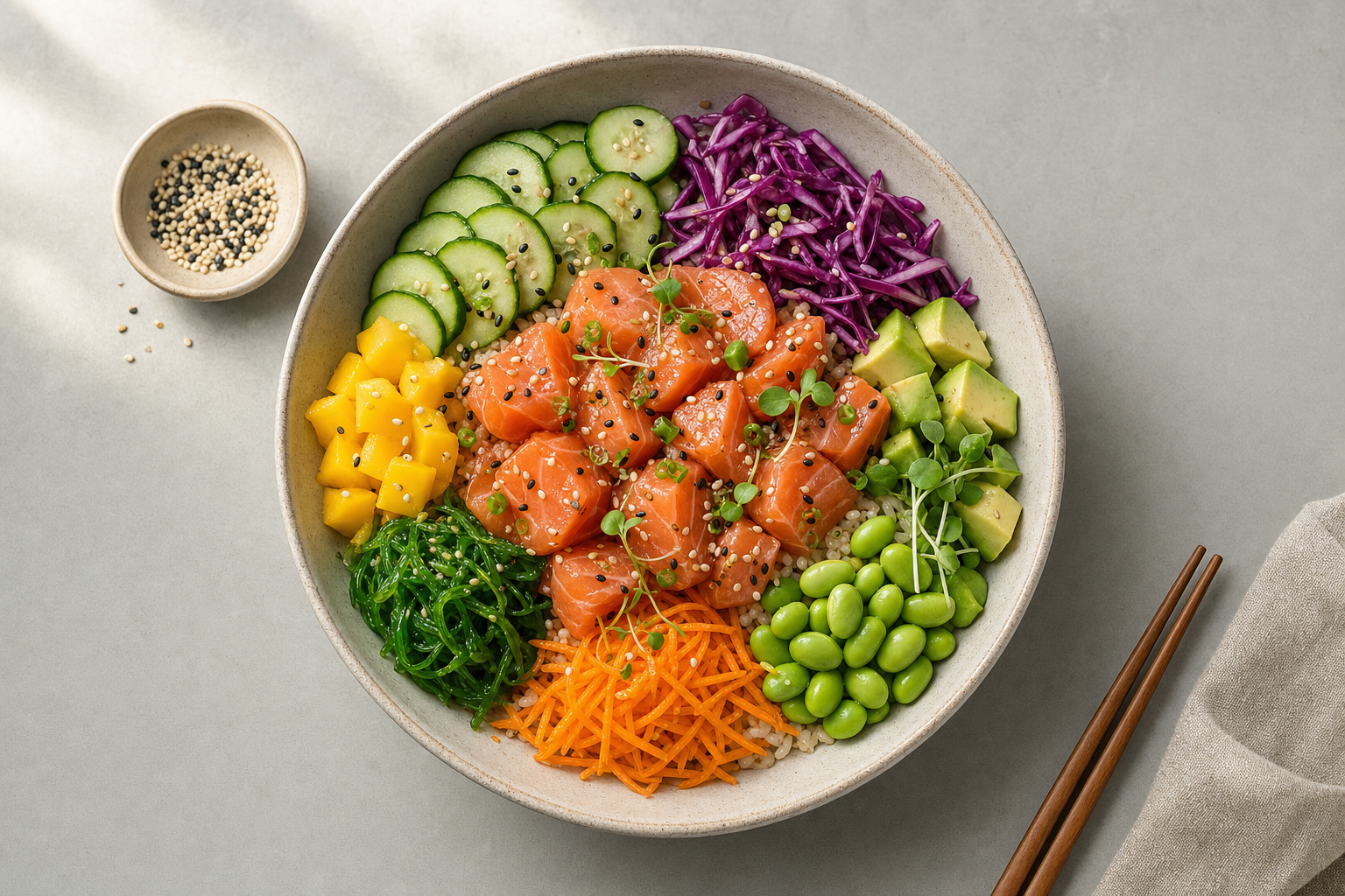 A colourful poke bowl with salmon, edamame, avocado, mango, cucumber, seaweed, carrot, and purple cabbage on a grey background.