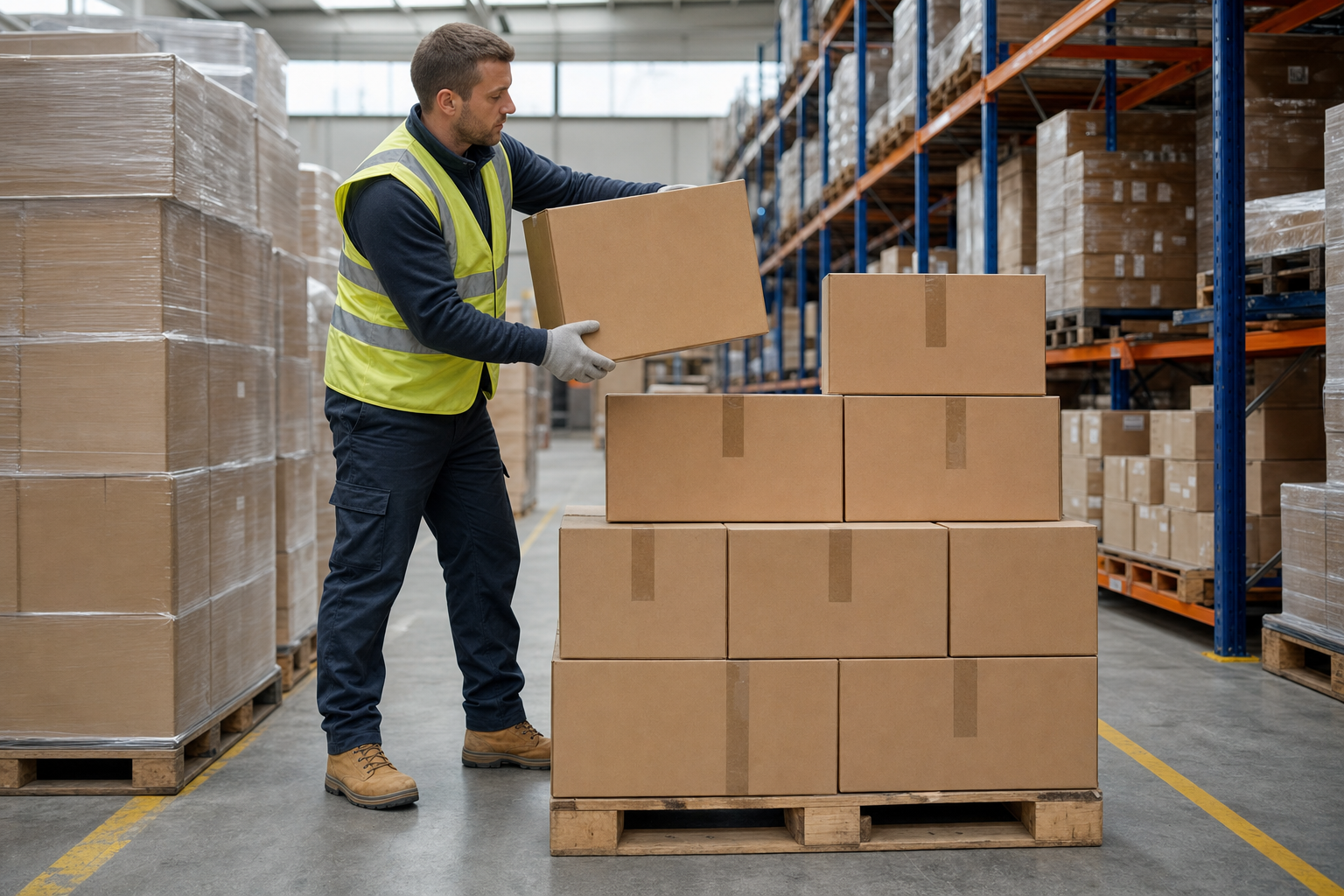 Warehouse worker in a hi-vis vest stacking cardboard boxes on a wooden pallet.