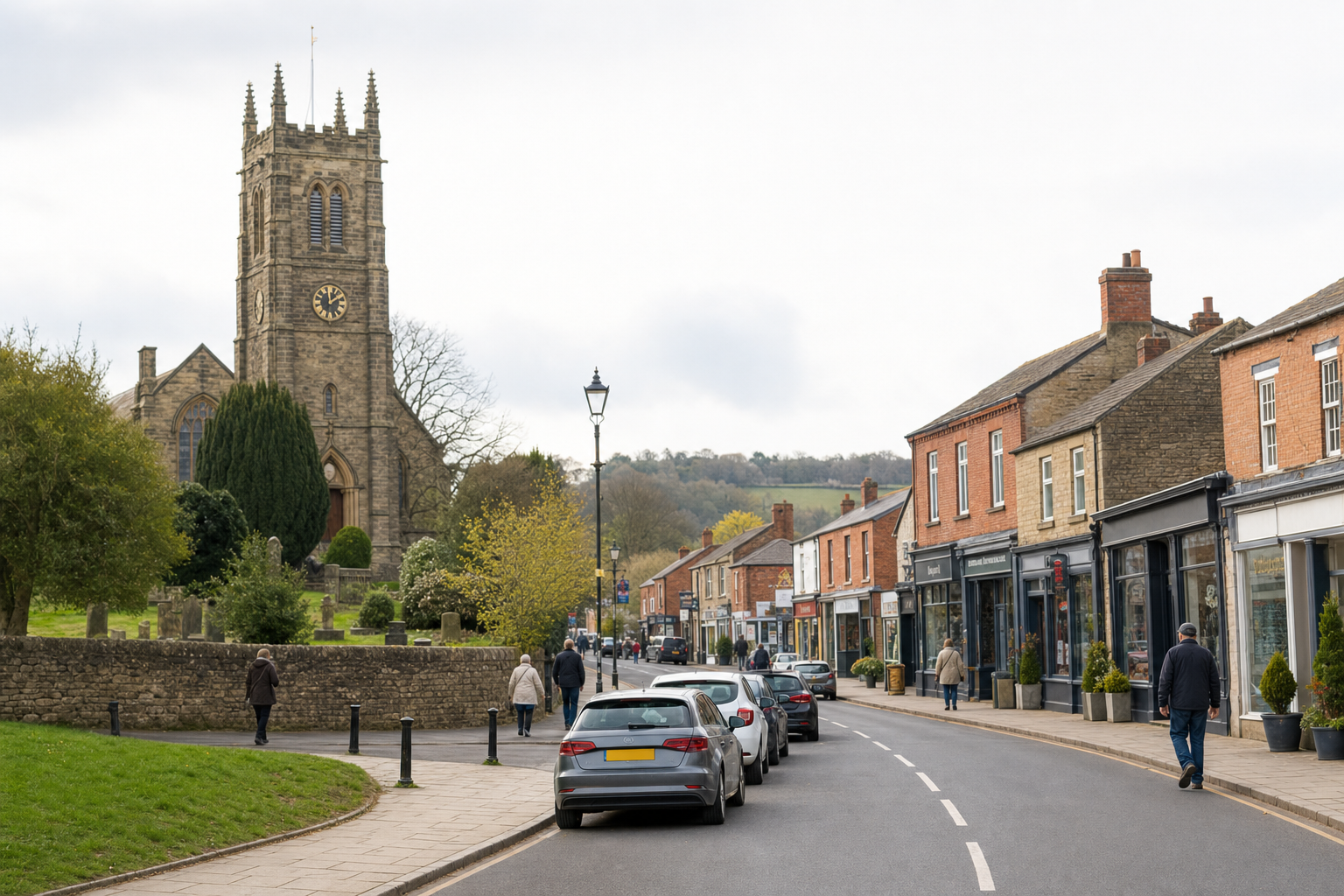 Village street scene with parked cars, a church on the left, and people walking by shops on a cloudy day.